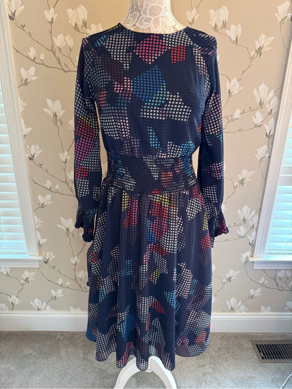 Navy Multicolor Geometric-Print Long Sleeve Dress